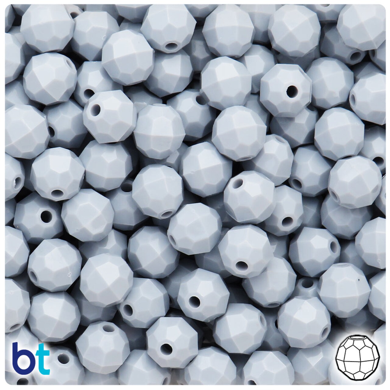 BeadTin Grey Opaque 10mm Faceted Round Plastic Craft Beads (225pcs)
